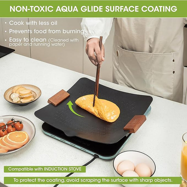 Alocs Korean BBQ Grill Pan with Bag, 12.6'' Cast Aluminum Nonstick Coating, Lightwight 2.2 Pounds, Rectangular Grill Pan for Stove Top, Portable Outdoor Camping BBQ