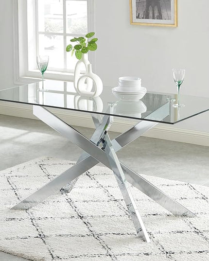 Edwin's Choice 58.5” Rectangle Glass Dining Table, Tempered Glass Tabletop and Metal Tubular Legs, Modern Style Table for Home, Kitchen, Dining Room 58.5”Lx29”Wx30”H, Silver (Table Only)