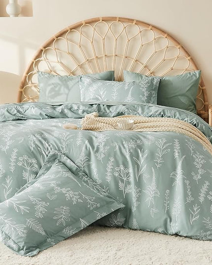 MUXHOMO Queen Comforter Set 7 Pieces, Sage Green Bed in a Bag Queen Reversible Botanical Flowers Design, Ultra Soft & Breathable Bedding Sets with Comforter, Sheets, Pillowcases & Shams