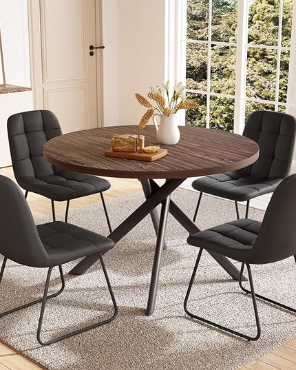 45.3 Inch Round Dining Table Set for 4, Mid Century Modern MDF Coffee Set for Dining Room Kitchen Apartment (Dark Walnut Table + 4 U-Shaped Black Chairs)