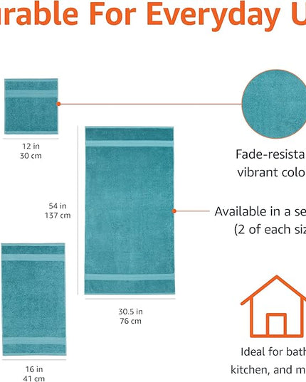 Amazon Basics Fade Resistant Bath, Hand and Washcloth Towel Set, 100% Cotton, Set of 6, 30 x 54 inches, Teal Green