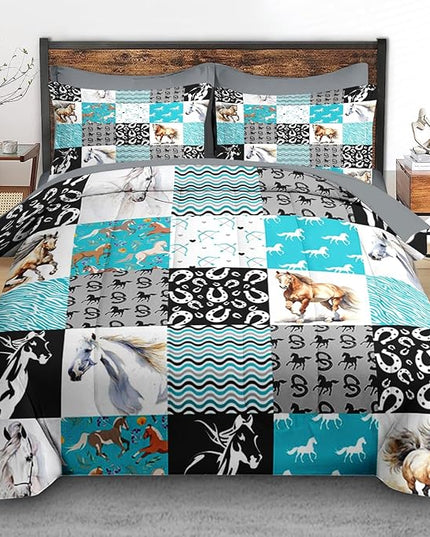 Comforter Set Full Size, Brown Horse Painting Bedding for Kids and Adults, White Watercolor Beautiful Bed Sheet Sets with Fitted Sheet 2 Pillowcases & 2 Shams for Bedroom Bed Decor