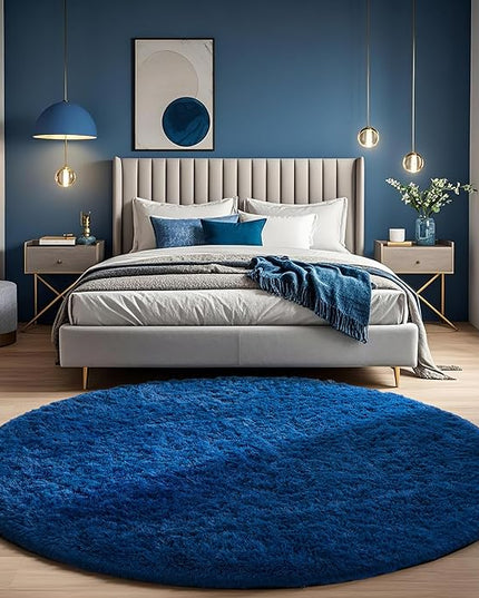 Ophanie Round Rug 6Ft Blue Circle Area Rug, Boys Room Decor, Fluffy Fuzzy Bedroom Carpet, Plush Soft Shaggy Living Room Rugs for Kids Home Decor Aesthetic, Nursery