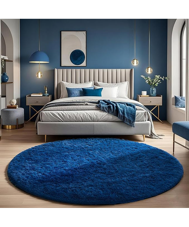 Ophanie Round Rug 6Ft Blue Circle Area Rug, Boys Room Decor, Fluffy Fuzzy Bedroom Carpet, Plush Soft Shaggy Living Room Rugs for Kids Home Decor Aesthetic, Nursery