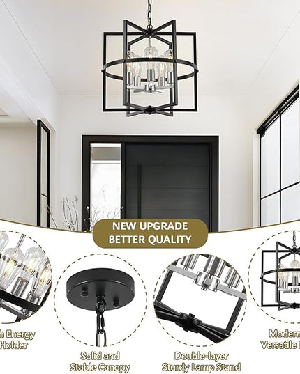 19'' Modern Farmhouse Chandelier 5-Light Black Brushed Nickel Chandelier with Industrical Metal Cage, Adjustable Geometric Pendant Light Fixture for Dining Room Kitchen Living Room Entryway