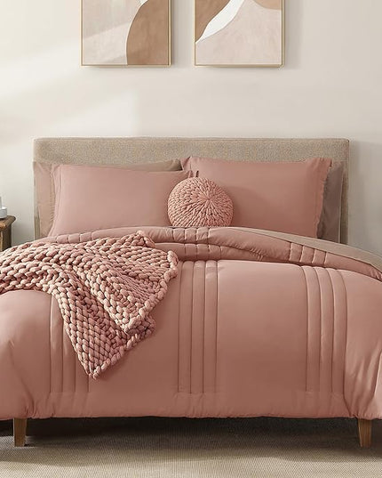 Monbix King Size Comforter Set - 7 Pieces Bed in a Bag King, Clay Pink Bedding Sets with Comforter, All Seasons Down Alternative Comforter Bed Set with Sheets, Pillowcases & Shams