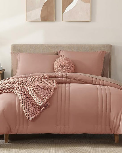 Monbix Full Comforter Set - 7 Pieces Clay Pink Bed in a Bag Full Size Bedding Sets with Comforters, All Seasons Down Alternative Comforter with Sheets,Pillowcases & Shams