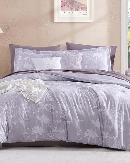 King Comforter Set -7 Pieces Floral Purple Comforter Set for All Seasons, Bed in a Bag King with Botanical Flowers Comforter, Sheets, Pillowcases & Shams