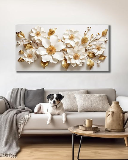 JuhaiArt Gold Wall Decor White 3D Floral Wall Art Elegant Flower Canvas Decor for Bedroom Living Room Office Picture Artwork 24" x 48"