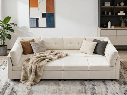 VANOMi 118" Modular Sectional Sofa with 2 Ottomans, 8 Seater Cloud Sectional Sofa Bed, Chenille Sofas & Couches for Living Room, Apartment, Office, White