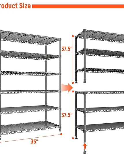REIBII 75" H Metal Shelving 6 Tier Storage Shelf Adjustable Kitchen Shelf Wire Shelving Unit Detachable Storage Rack for Kitchen Laundry Living Room Commercial Heavy Duty Metal Shelf 75" X35" X14"