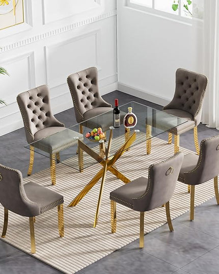51" Glass Dining Table Set for 6, Modern Dining Room Table Set for 6, Gold X-Shape Pedestal Glass Table with 6pcs Gray Dining Chairs, 7 Piece Dining Set for Dining Living Room