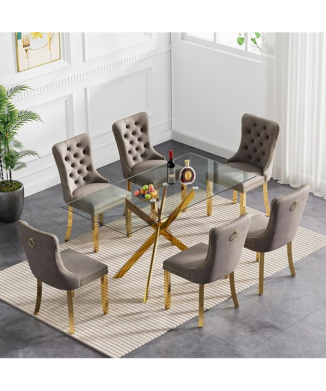 60.63in Rectangular Glass Dining Table Set for 6, Glass Gold Kitchen Table and Chair Set for 6, Modern 7 Piece Dining Room Set with 6 Fabric Upholstered Chairs, Metal Legs Home Kitchen Furniture