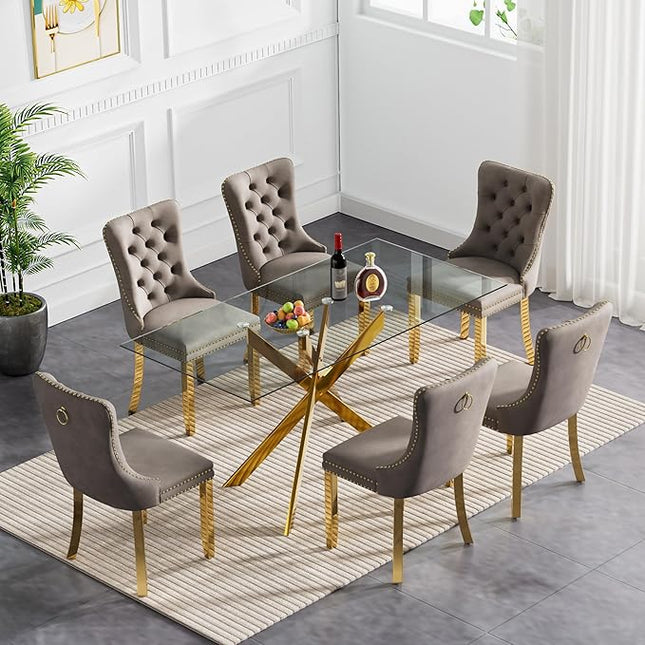 60" Glass Dining Table Set for 6, Modern Dining Room Table Set for 6, Gold X-Shape Pedestal Glass Table with 6pcs Gray Dining Chairs, 7 Piece Dining Set for Dining Living Room