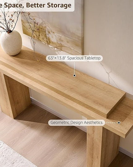 OKD 63 Inch Modern Entryway Console Table, Solid Geometry Accent Sofa Table Behind The Couch, Narrow Console Table for Entryway, Hallway, Living Room, Foyer, Natural Oak