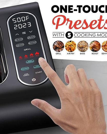 Gourmia Smokeless Indoor Grill & Air Fryer with Recipe Book – Electric Grill for Indoor Use, 5‑in‑1 Countertop Cooker, Cast-Iron Grate, 1650W, Glass Lid, Dishwasher-Safe Plates