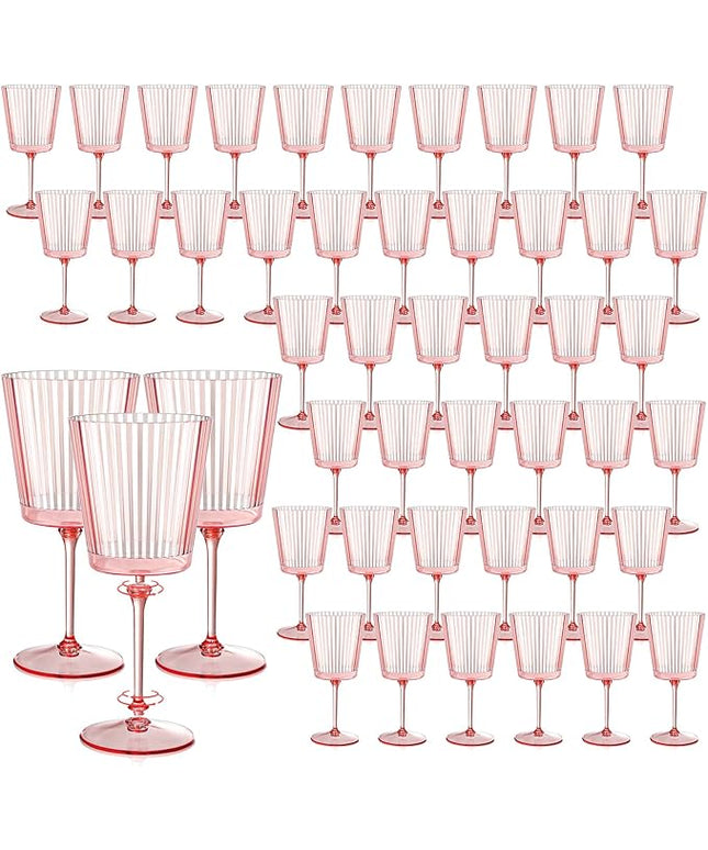 48 PCS Pink Plastic Wine Glasses with Removable Stems 13.5 Oz Pink Ribbed Wine Glasses Square White Wine Glass Muted Pastel Colors Goblets Elegant Fluted Glassware for Wedding Anniversary Birthday
