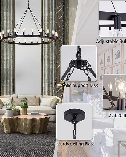 TOCHIC 60 Inch Large Black Chandelier, Modern Farmhouse Wagon Wheel Chandeliers 22-Light Industrial Round Chandelier Light Fixture for High Ceiling Dining Living Room Bedroom, Hallway, Entryway, Foyer