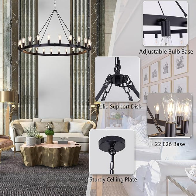 TOCHIC 60 Inch Large Black Chandelier, Modern Farmhouse Wagon Wheel Chandeliers 22-Light Industrial Round Chandelier Light Fixture for High Ceiling Dining Living Room Bedroom, Hallway, Entryway, Foyer