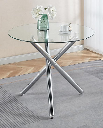 HomVent Round Glass Dining Table Set for 4, 5-Piece Modern Kitchen Table Set with 4 PU Upholstered Chair for Kitchen Dining Room, Glass Dining Room Table Set