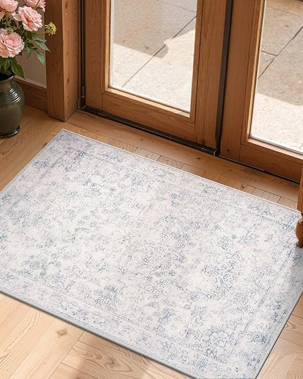 jinchan 2x3 Washable Rugs for Entryway - Kitchen Mats Vintage Floral Ultra-Thin Low Pile Soft Throw Small Non-Slip Distressed Doormat Accent Rug for Entrance Bathroom Bedroom (2'x3', Ivory)