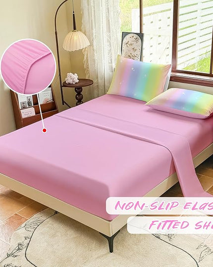 Rainbow Bedding Set Full Size – 5 Piece Reversible Girls Comforter with Deep-Pocket Sheet, Gradient Galaxy Design, Whole-Piece Filling, Machine Washable Bed-in-a-Bag for Kids Room Makeover & Gifts