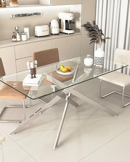 60" Rectangular Glass Dining Table Modern Kitchen Glass Top Table for 6 with Silver Metal Legs, Clear Dining Table Kitchen Table for Home Office Dining Room
