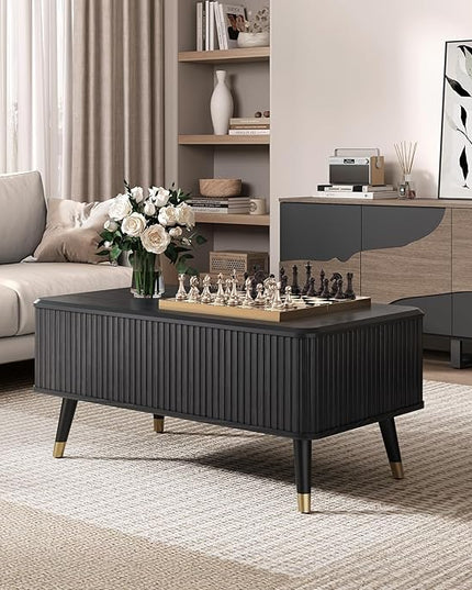 Lift Top Coffee Table with Storage, Modern Coffee Table with Solid Wood Legs, 38" Minimalist Fluted Center Table for Living Room, Home Office, Black