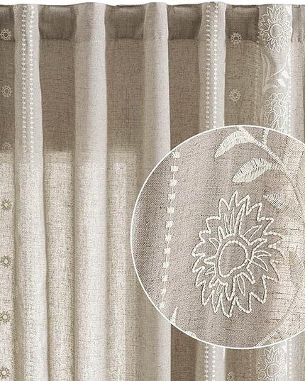 jinchan Winslow Linen Curtains for Bedroom 63 Inches Length Embroidered Bordered Floral Curtains for Living Room Farmhouse Decor Light Filtering Window Treatments Ivory on Taupe Drapes 2 Panels