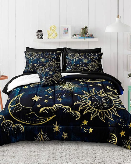 Merryword 8 Pieces Universe Bed in a Bag Sun and Moon Comforter Set Full Size Galaxy Bedding Blue Gold Moon Star Pattern Bohemian Gothic Comforter Set for Boys Girls Women