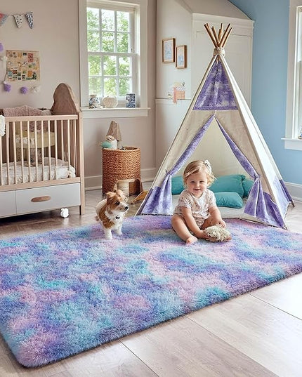 Ophanie Rainbow Purple Rug for Bedroom Girls, Kids Fluffy Kawaii Fuzzy Furry Shag Area Rug, Cute Plush Soft Shaggy Bedside Indoor Floor 4x6 Carpet for Teen Nursery Dorm Home Room Decor Aesthetic