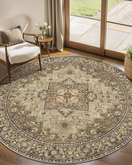 Ciicool Boho 5x5ft Round Area Rug Washable Bedroom Rug Non-Slip Oriental Entryway Throw Rug Low-Pile Indoor Circle Carpet for Dining Room