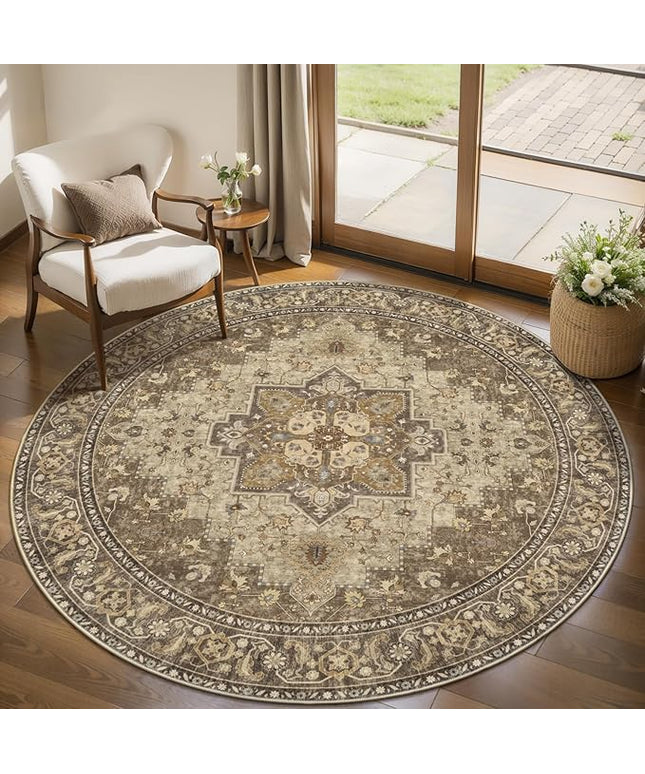 Ciicool Boho 5x5ft Round Area Rug Washable Bedroom Rug Non-Slip Oriental Entryway Throw Rug Low-Pile Indoor Circle Carpet for Dining Room