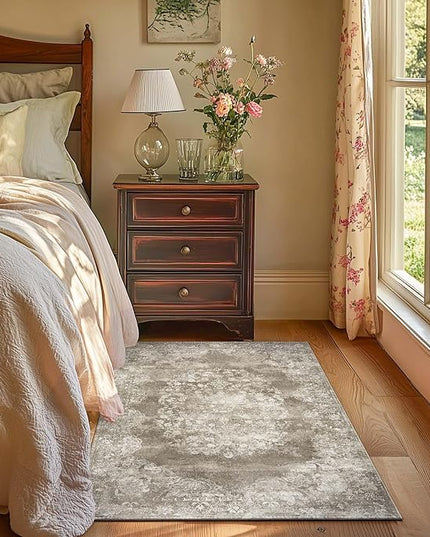 jinchan Washable Area Rug 3x5 Entryway - Soft Distressed Vintage Floral Indoor Bedroom Rug Faux Wool Low Pile Small Oriental Accent Carpet for Kitchen, Entrance, Bedside, Dining Room(Brown, 3'x5')