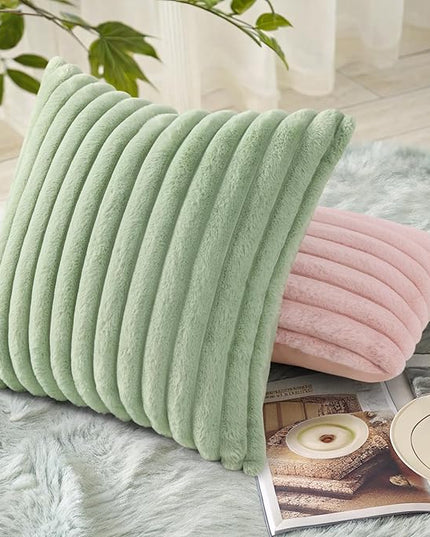 decorUhome Faux Fur Spring Throw Pillow Covers 16x16 Set of 2, Decorative Soft Plush Striped Neutral Couch Euro Pillow Covers with Velvet Back for Sofa, Bed, Living Room Home Decor, Sage Green