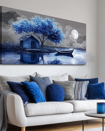 XIGUANGART Large Canvas Wall Art for Living Room Blue Boat and House Picture Paintings Abstract Art Prints Modern Ocean Scenery Artwork Tree of Life Poster for Bedroom Bathroom Office Home Wall Decor