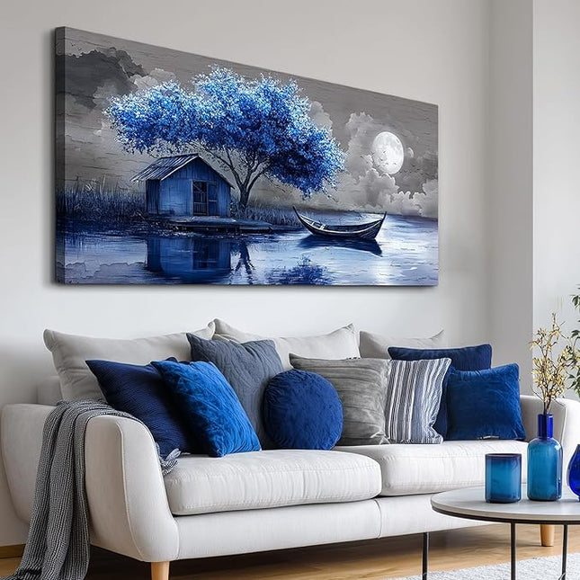 XIGUANGART Large Canvas Wall Art for Living Room Blue Boat and House Picture Paintings Abstract Art Prints Modern Ocean Scenery Artwork Tree of Life Poster for Bedroom Bathroom Office Home Wall Decor