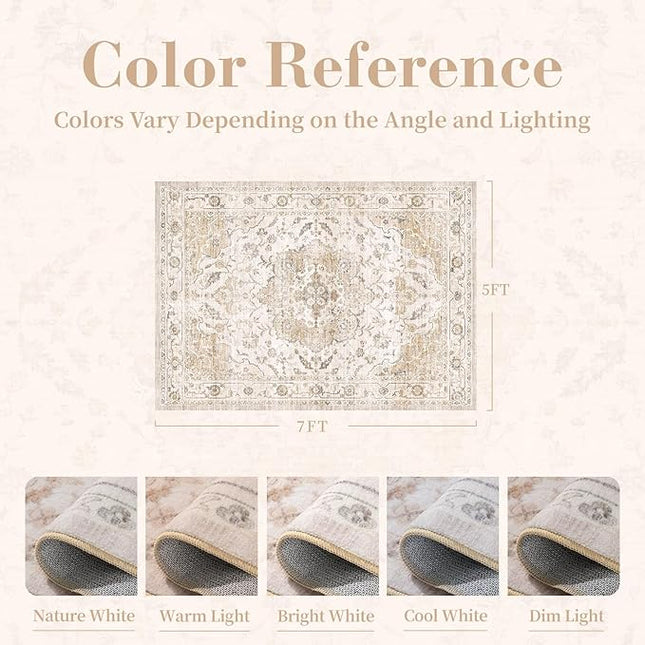 PADOOR-Vintage Area Rug 5X7 Rugs for Living Room-Soft Beige Rugs for Bedroom-Machine Washable Rugs Non Slip Carpet-Rug for Dining Room Living Room Bedside Office