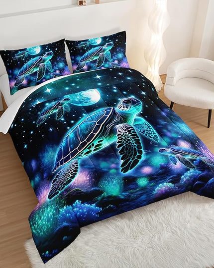 Sea Turtle Comforter Kids Bedding Set Twin Size,Glowing Waterweed Moon Flash Print Comforter Set for Kids Teens Boys Girls Room Decor,Nautical Reptile Animal Bedding Set with 2 Pillowcases.