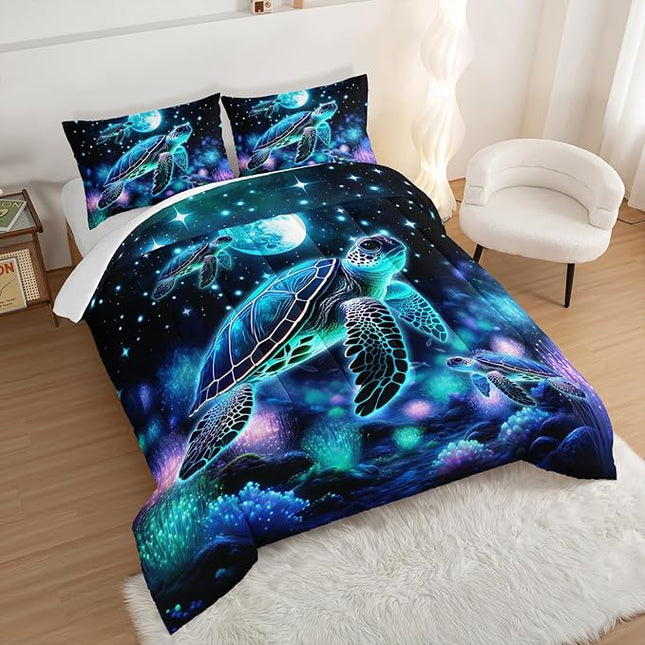 Sea Turtle Comforter Kids Bedding Set King Size,Glowing Waterweed Moon Flash Print Comforter Set for Kids Teens Boys Girls Room Decor,Nautical Reptile Animal Bedding Set with 2 Pillowcases.