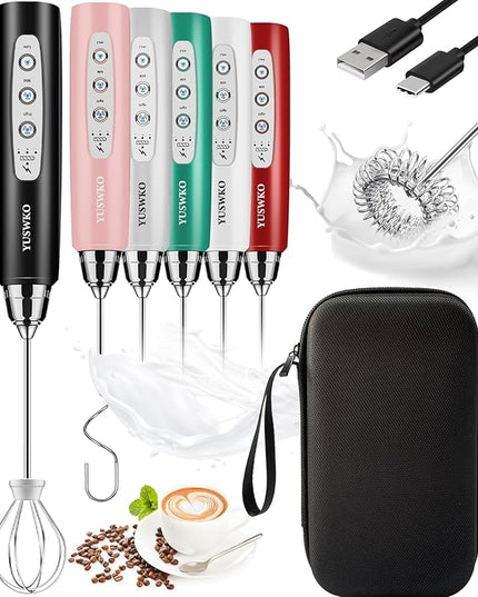 YUSWKO Rechargeable Milk Frother Handheld Frother Wand Drink Mixer for Coffee, Electric Whisk 3 Speed Adjustable, Coffee Foamer Maker with 3 Stainless Whisks Ideal Stirrers for Travel - Black