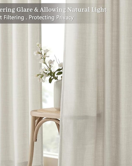 Pinch Pleated Light Filtering 96 Inches Long Curtains for Living Room, Thick Privacy Pleat Off White Linen Curtain 8 ft Length Rustic Country Drapes for High Ceiling to Floor Tall Windows 2 Panels
