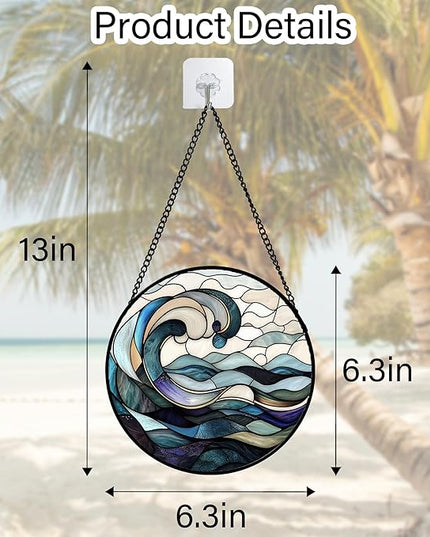 Stained Glass Window Hanging, Ocean Waves Sun Catchers Diamond Glass Panel Hangings Abstract Suncatcher Decor for Birthday for Women, Men, Wife, Aunt, and Mom 6.3 in