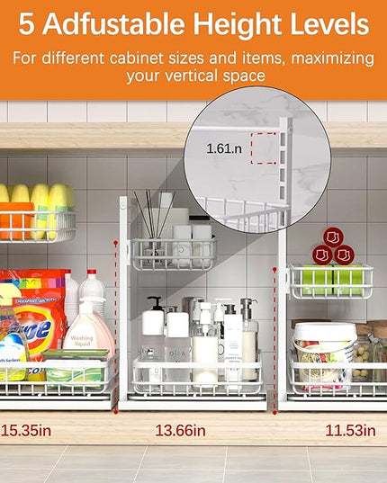 Under Sink Organizer, Adjustable Height Pull-Out Kitchen Storage Organization,15.8" x 11.8" x 16.5",2-Tier Kitchen Shelf,Bathroom Drawer Organizer, White