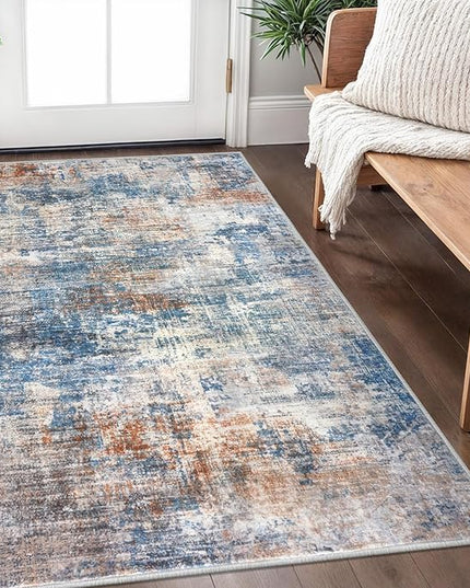 IOHOUZE Abstract Area Rug 3x5 Ft Washable Rugs for Entryway Indoor, Non Slip Kitchen Rug Printed Faux Wool Throw Rugs, Indoor Door Mat for Door Entrance Foyer Living Room, Blue Rust