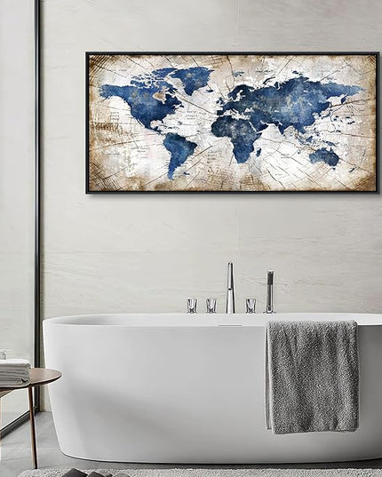World Map Canvas Wall Art Navy World Maps for Wall Vintage Modern Wall Art for Office Framed Pictures for Living Room Bedroom Wall Decoration for Home Office Decor Artwork for Walls 24x48IN