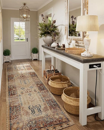 Cyclysio 63" Console Tables for Entryway, Long Console Tables for Living Room, Behind Couch Table, Sturdy Wood Support Farmhouse Entryway Table with 3AC+2USB Charging‌ Station, Oak Grey