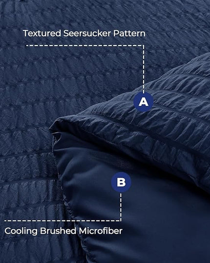 HYMOKEGE Navy Blue Oversized Queen Comforter Set Seersucker 7 Pieces, All Season Luxury Bed in a Bag for Bedroom, Bedding Set with Comforter, Sheets, Pillowcases & Shams
