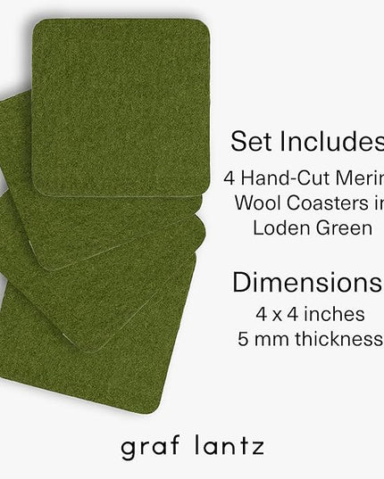 Graf Lantz - Bierfilzl Merino Wool Square Coasters Set of 4 - Loden Green (4"x4"x5mm) - Absorbs 30% Weight, Natural German Wool - Heat Resistant, Sustainable, Reusable - Home Decor, Coffee Table Decor
