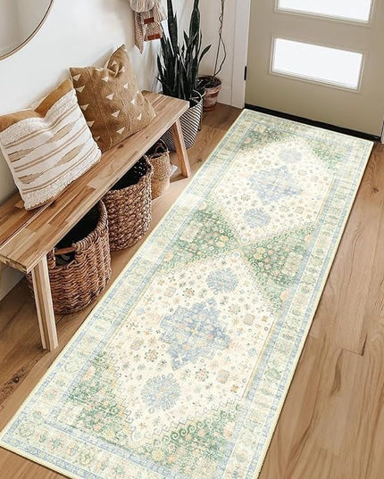 MUJOO Washable Runner Rug,2x6 Runners for Kitchen Bathroom Hallway Bedroom Entryway Laundry,Non Slip Long Mat Indoor,Boho Throw Carpet Low Pile Light Green and Blue